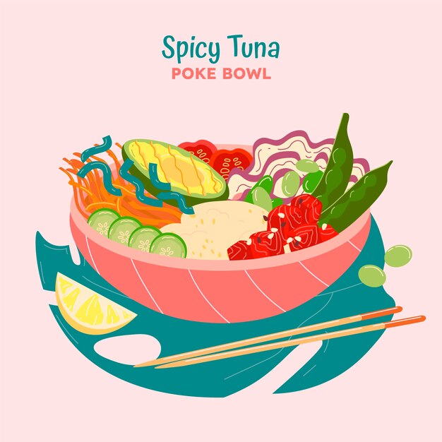 Hand drawn flat design poke bowl food illustration