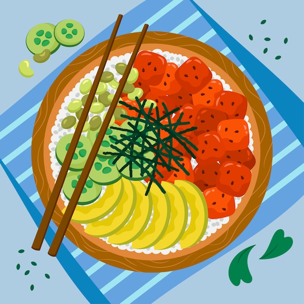 Hand drawn flat design poke bowl illustration