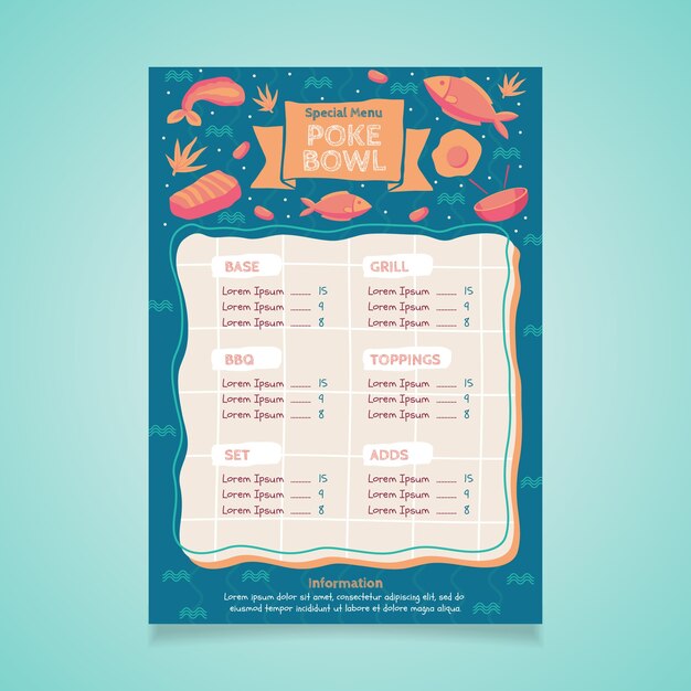 Hand drawn flat design poke menu template