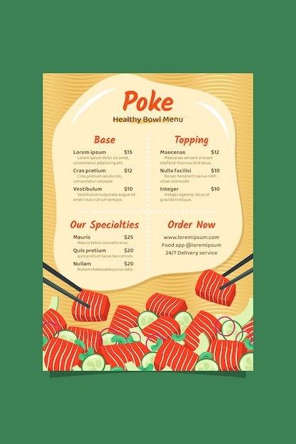 Free Vector hand drawn flat design poke menu template