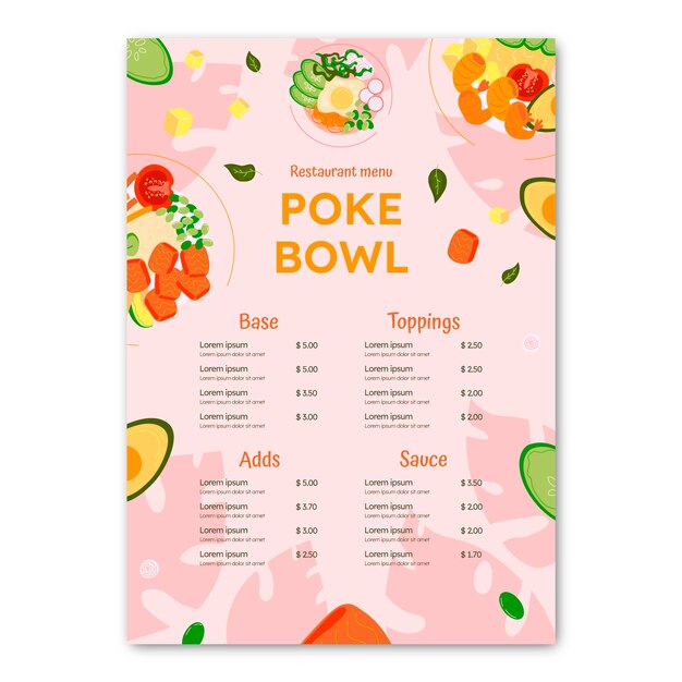 Hand drawn flat design poke menu template