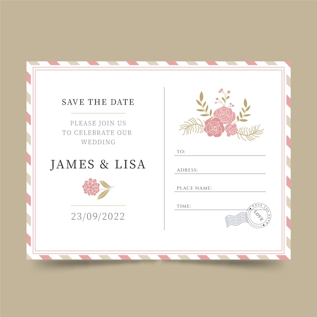 Hand drawn flat design postcard wedding invitation