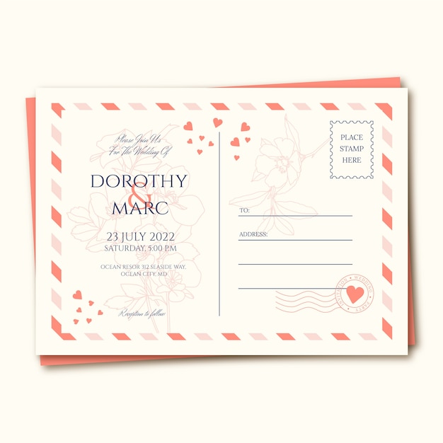 Hand drawn flat design postcard wedding invitations