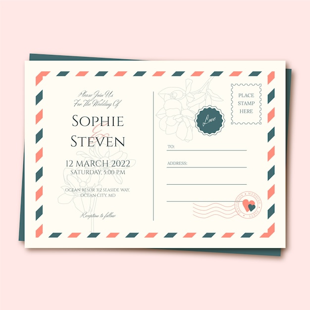 Hand drawn flat design postcard wedding invitations