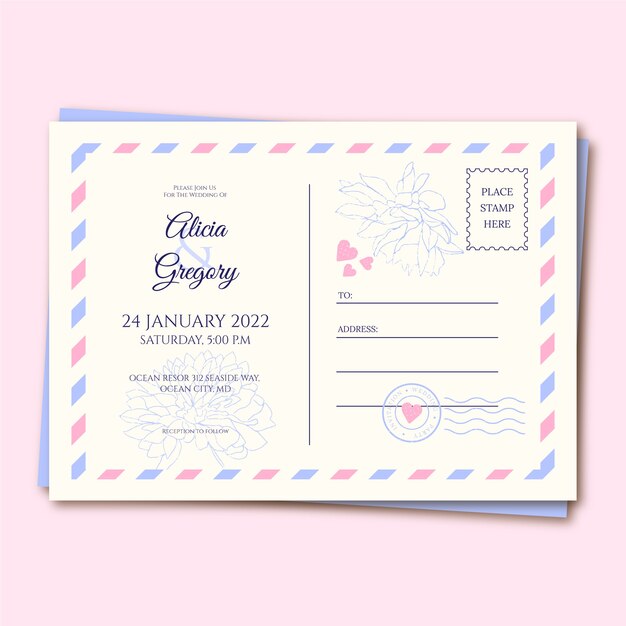 Hand drawn flat design postcard wedding invitations