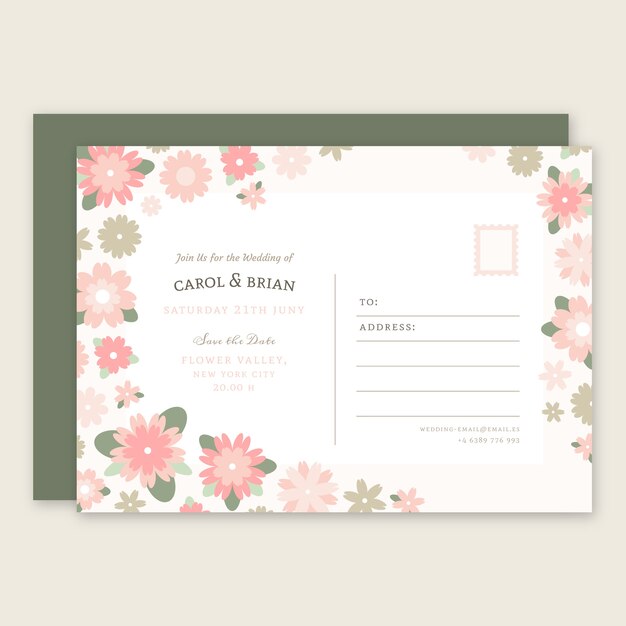 Hand drawn flat design postcard wedding invitations