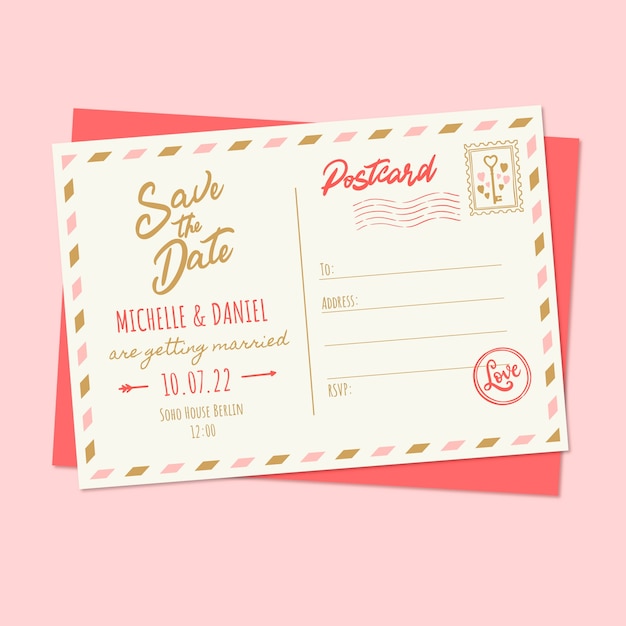 Hand drawn flat design postcard wedding invitations