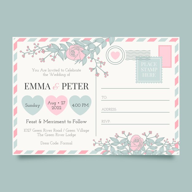 Hand drawn flat design postcard wedding invitations