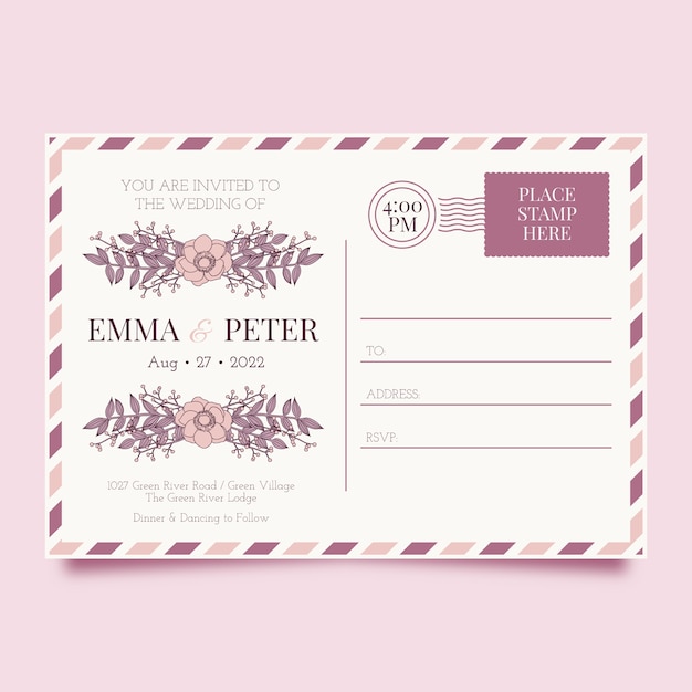 Hand drawn flat design postcard wedding invitations