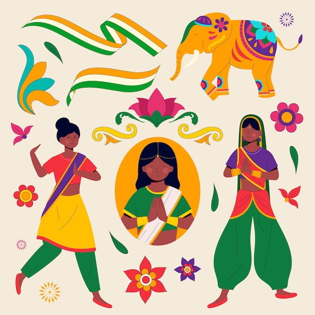 Hand drawn flat design republic day characters and elements collection