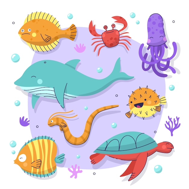 Hand drawn flat design sea animals collection