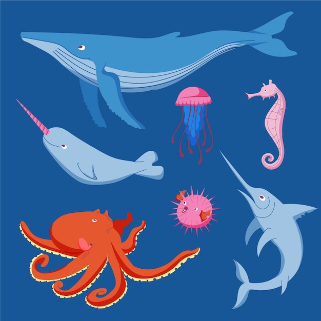 Free vector hand drawn flat design sea animals collection