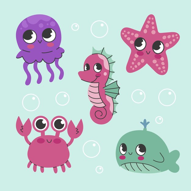 Hand drawn flat design sea animals collection