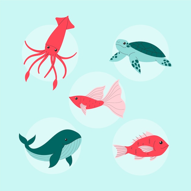 Free Vector hand drawn flat design sea animals collection