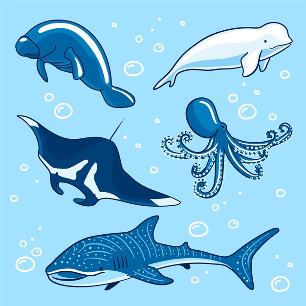 Hand drawn flat design sea animals collection