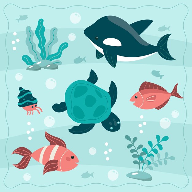 Hand drawn flat design sea animals collection