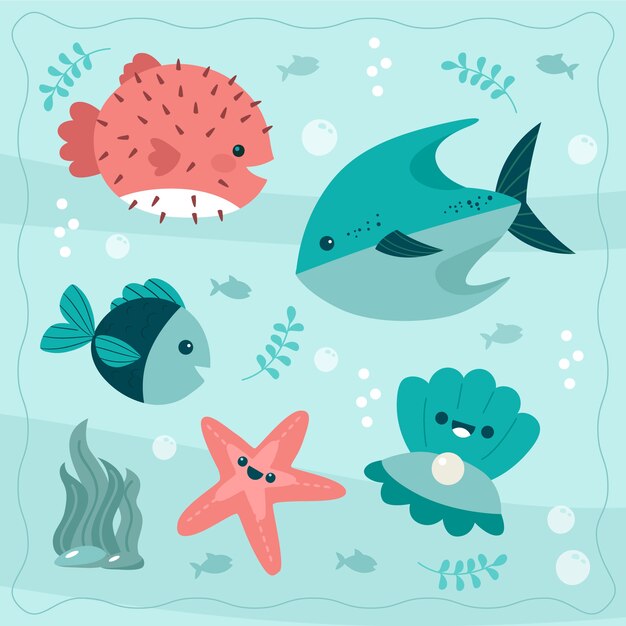 Hand drawn flat design sea animals collection