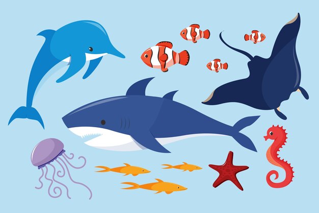 Hand drawn flat design sea animals collection