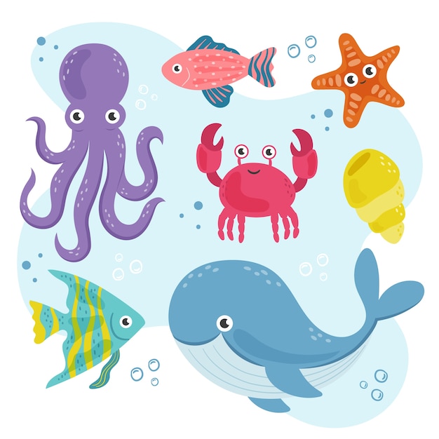 Free Vector hand drawn flat design sea animals collection