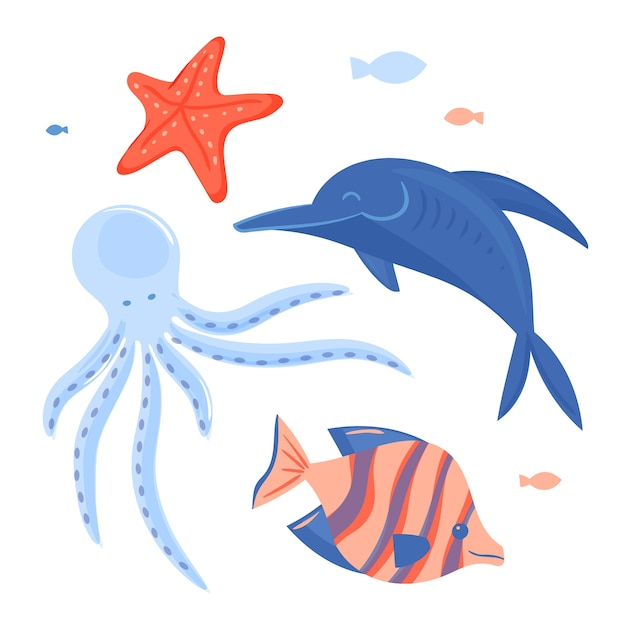 Hand drawn flat design sea animals collection