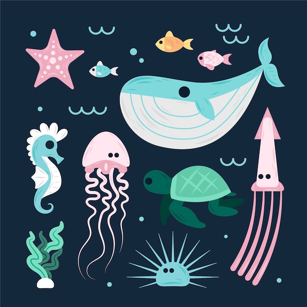 Hand drawn flat design sea animals collection