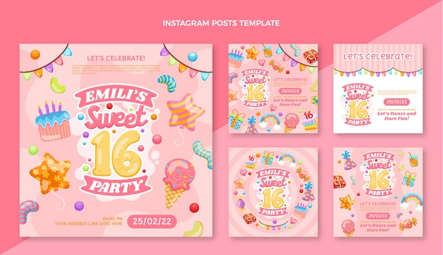 Hand drawn flat design sweet 16 template