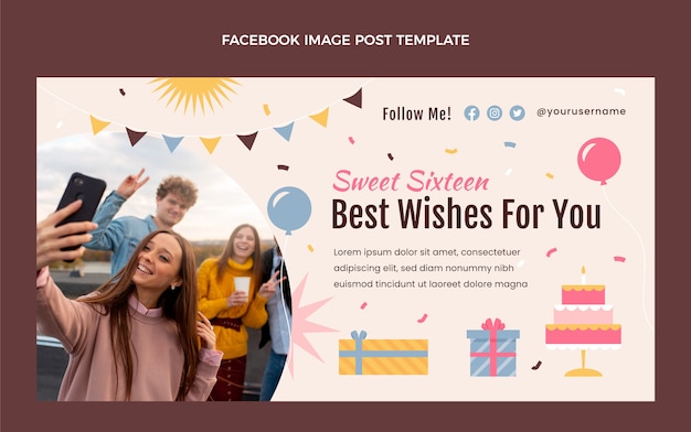 Hand drawn flat design sweet 16 template