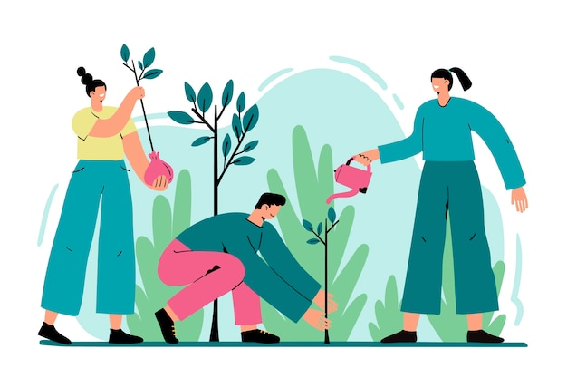 Hand drawn flat design tree planting illustration