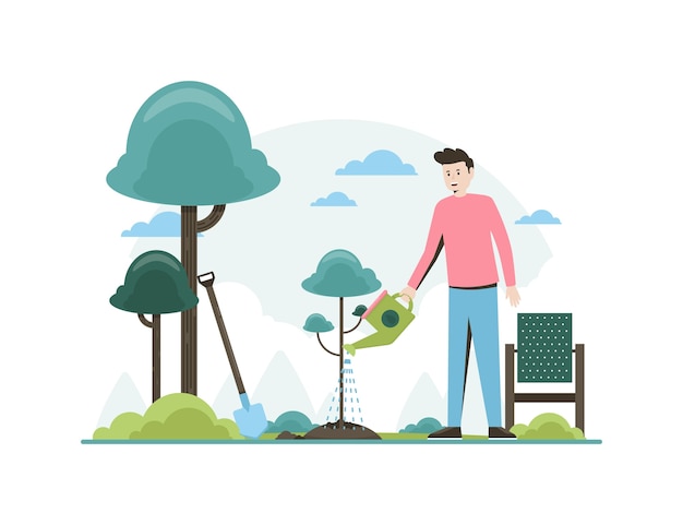 Hand drawn flat design tree planting illustration