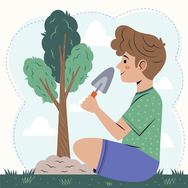 Hand drawn flat design tree planting illustration