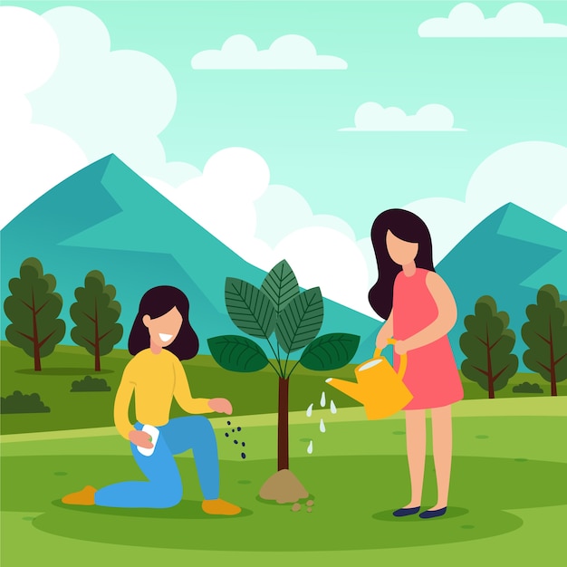 Hand drawn flat design tree planting illustration