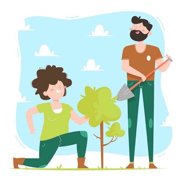 Hand drawn flat design tree planting illustration