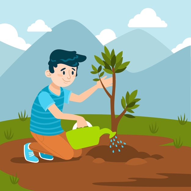 Hand drawn flat design tree planting illustration