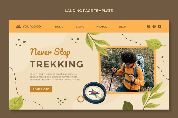 Hand drawn flat design trekking landing page