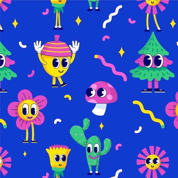 Hand drawn flat design of  trendy cartoon pattern