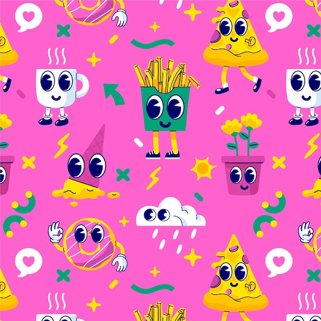 Hand drawn flat design of  trendy cartoon pattern