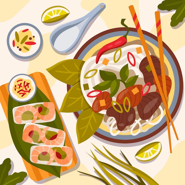 Free Vector hand drawn flat design vietnamese food illustration