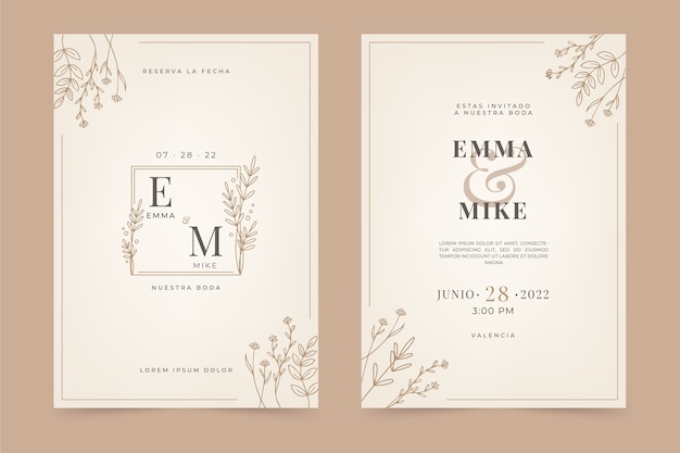 Hand drawn flat design wedding invitations in spanish