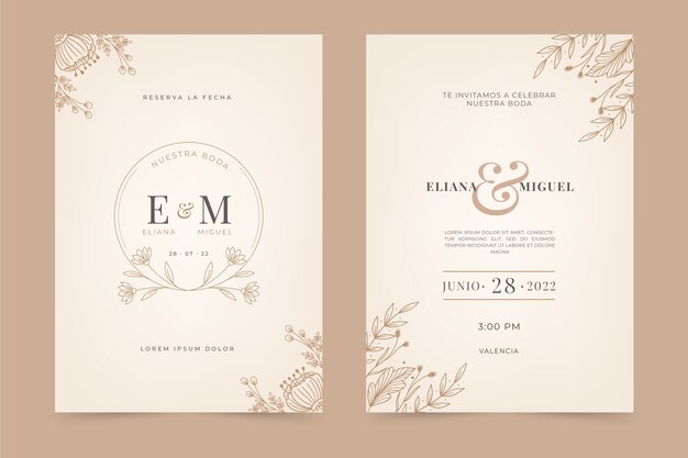 Hand drawn flat design wedding invitations in spanish