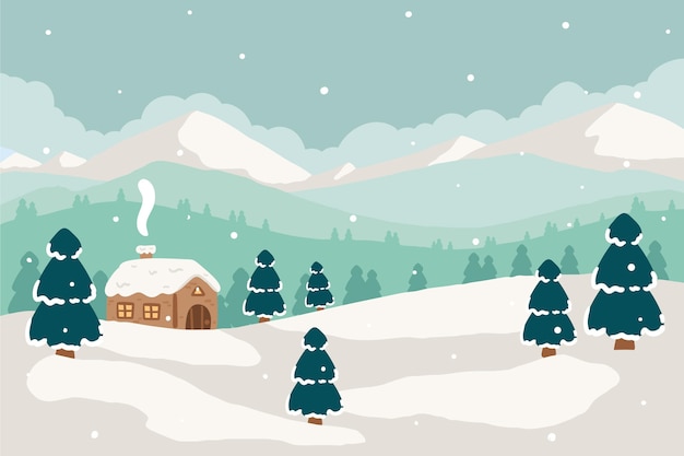 Hand drawn flat design winter landscape