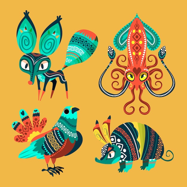 Hand drawn flat dia de muertos alebrijes collection