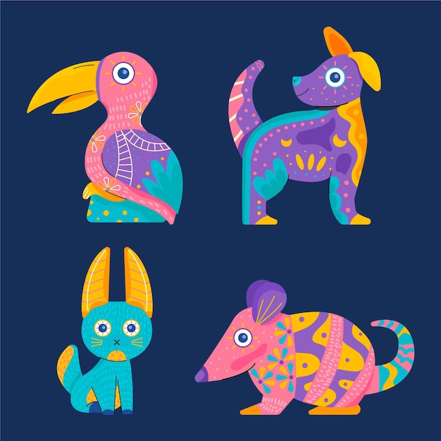 Free Vector hand drawn flat dia de muertos alebrijes collection