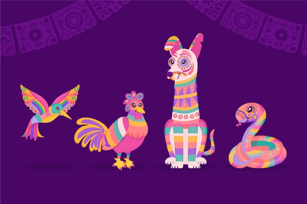 Free vector hand drawn flat dia de muertos alebrijes collection