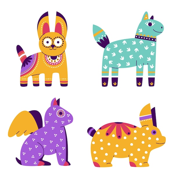 Free Vector hand drawn flat dia de muertos alebrijes collection