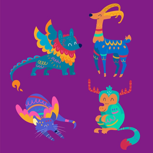 Hand drawn flat dia de muertos alebrijes collection