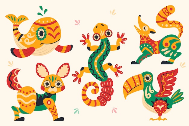 Free Vector hand drawn flat dia de muertos alebrijes collection