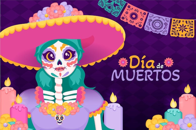 Hand drawn flat dia de muertos background