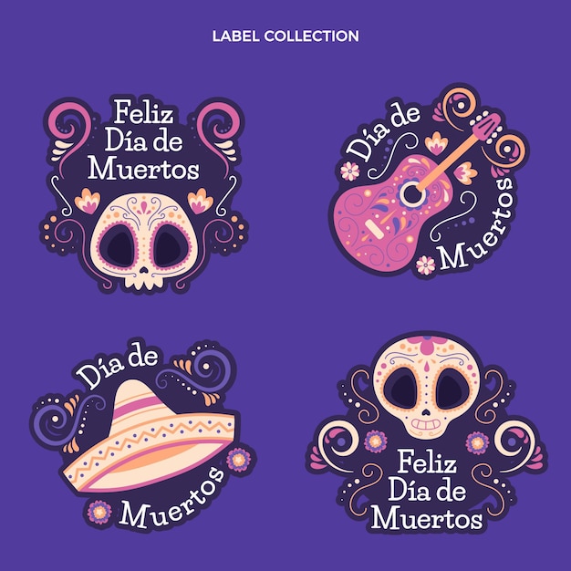 Hand drawn flat dia de muertos badges collection