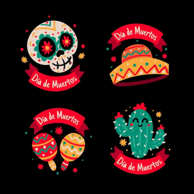 Free Vector hand drawn flat dia de muertos badges collection