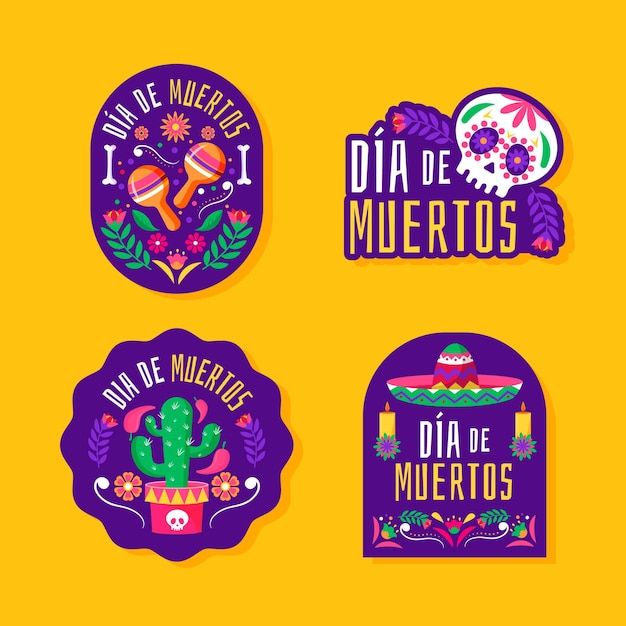 Free Vector hand drawn flat dia de muertos badges collection